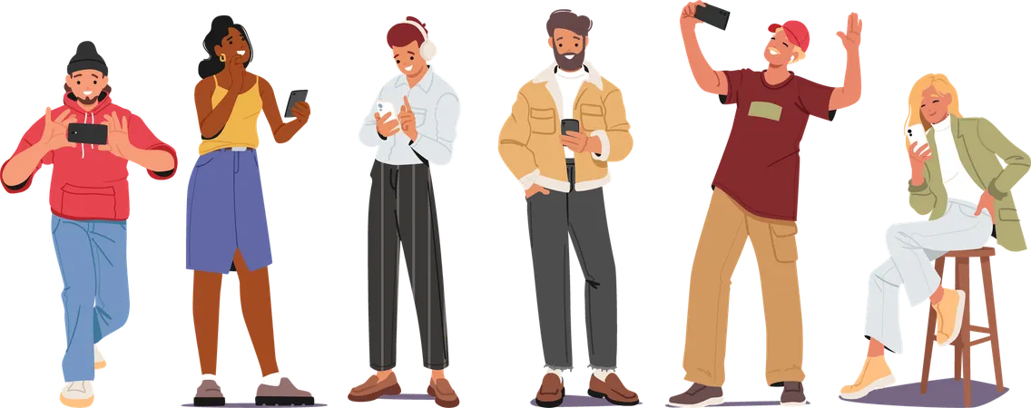 Young people using smartphone enjoying different hobby  Illustration