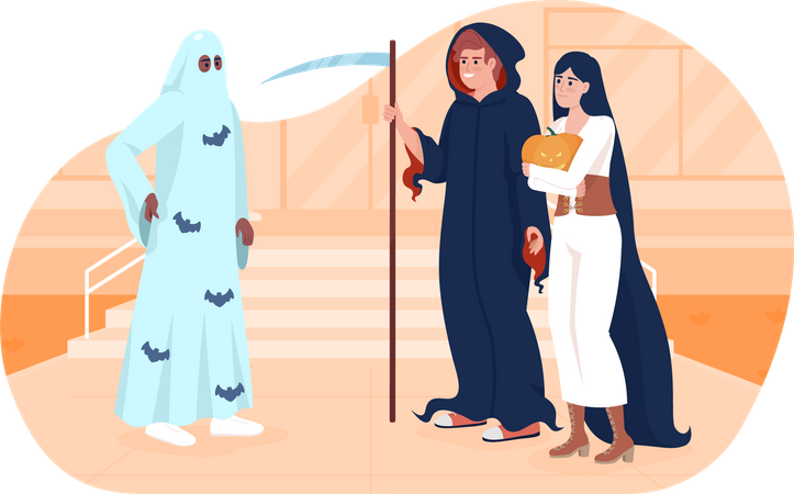 Young people wearing Halloween costumes Illustration