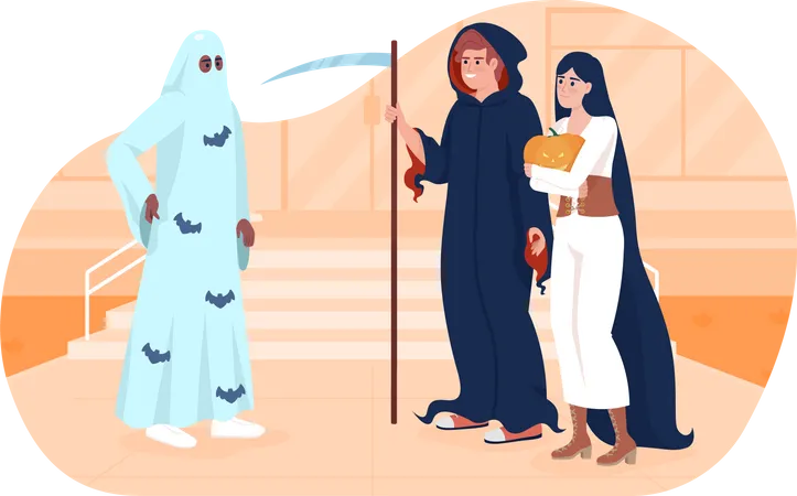 Young people wearing Halloween costumes Illustration