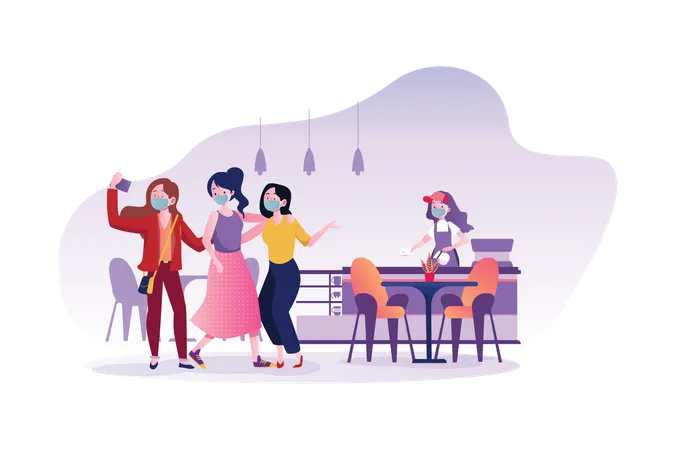 Young people wearing mask in cafe  Illustration