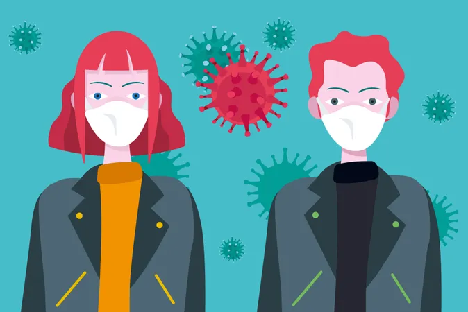 Young people wearing masks to protect themselves from the coronavirus and epidemic virus symptoms Illustration