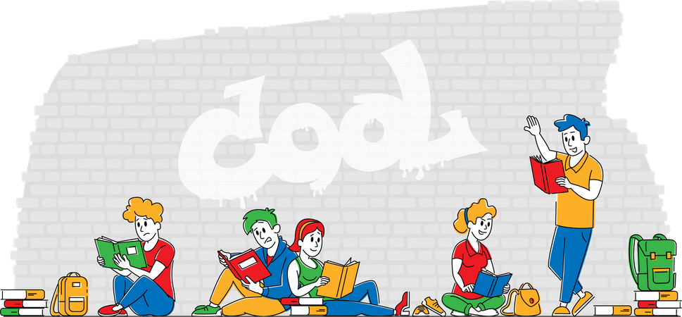 Young People with Books Studying Together Outdoors on Brick Wall Background. Students Characters Collective Learning or Examination Preparation, Courses Education. Linear People Vector Illustration Illustration