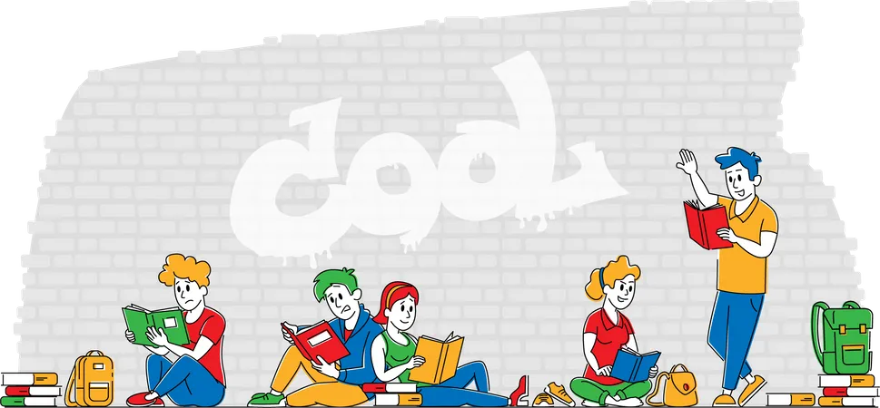 Young People with Books Studying Together Outdoors on Brick Wall Background. Students Characters Collective Learning or Examination Preparation, Courses Education. Linear People Vector Illustration Illustration