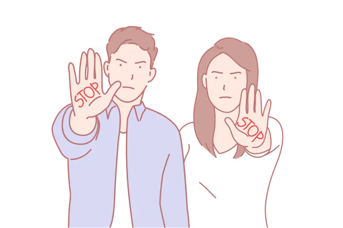 Stop Gesture Prevention Campaign Community Protest Concept Young People With Word Stop Written On Palms Volunteers Activists Protesting Against Negative Social Phenomena Simple Flat Vector Illustration