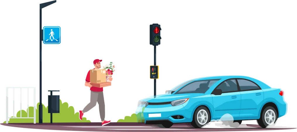 Inattentive Pedestrian Semi Flat RGB Color Vector Illustration Young Person Crossing Road At Red Light While A Car Is Coming Safety Rules Breach Isolated Cartoon Character On White Background Illustration