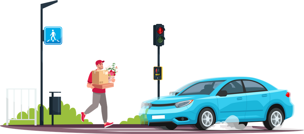 Young person crossing road at red light while a car is coming  Illustration