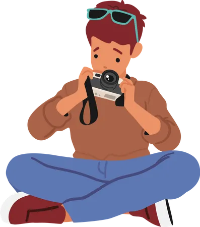 Young Photographer Boy With Photo Camera  Illustration
