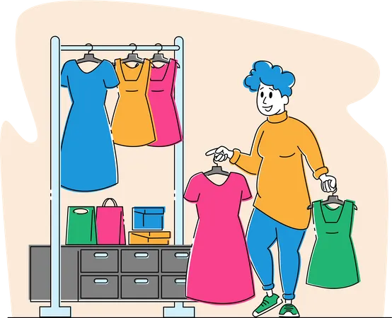 Young Plus Size Woman Choose Fashioned Dress in Store Illustration