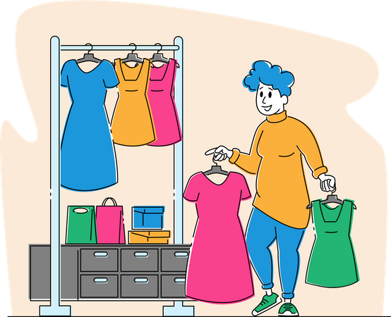 Young Plus Size Woman Choose Fashioned Dress in Store  Illustration