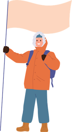 Young polar explorer wearing warm protective clothing putting flag on top  Illustration
