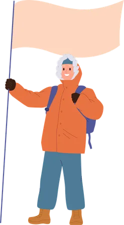 Young Polar Explorer Arctic Pioneer Cartoon Character Wearing Warm Protective Clothing Putting Flag On Top Pinning Place Of Destination Vector Illustration Isolated On White Arctic Expedition Concept Illustration