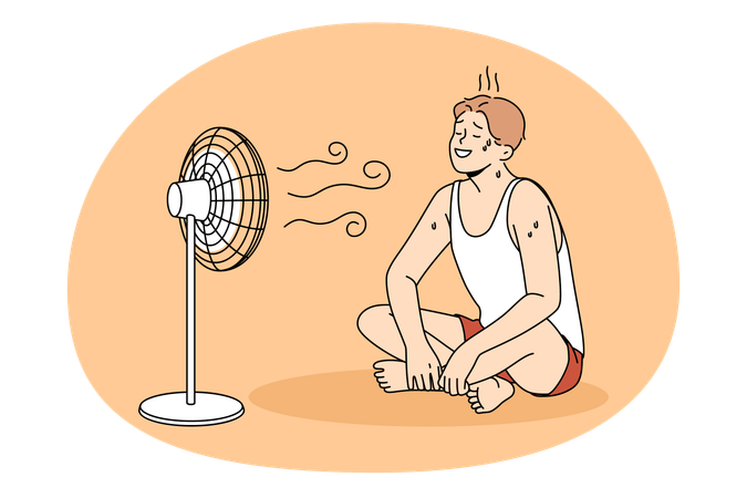 Young positive man in sportswear sitting on floor sweating and enjoying work on air fan wind  Illustration