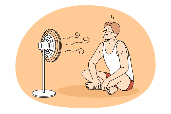 Young positive man in sportswear sitting on floor sweating and enjoying work on air fan wind  Illustration