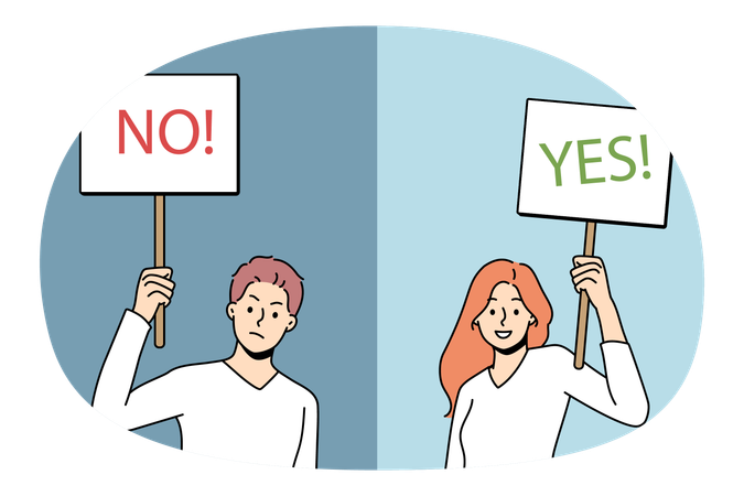 Young positive woman holding yes sign when negative man holding no sign in hands opposite decisions  Illustration