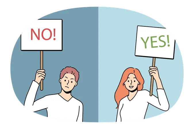 Young positive woman holding yes sign when negative man holding no sign in hands opposite decisions  Illustration