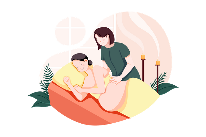 Young pregnant woman having massage in spa Illustration