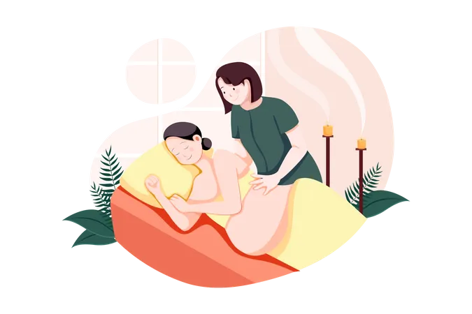 Young pregnant woman having massage in spa Illustration