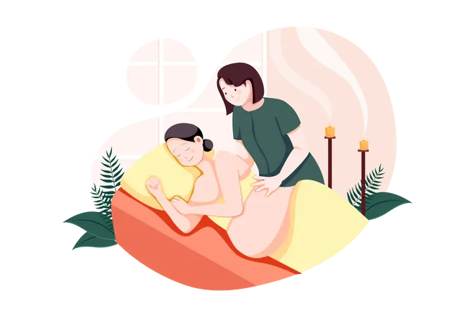 Young pregnant woman having massage in spa  Illustration