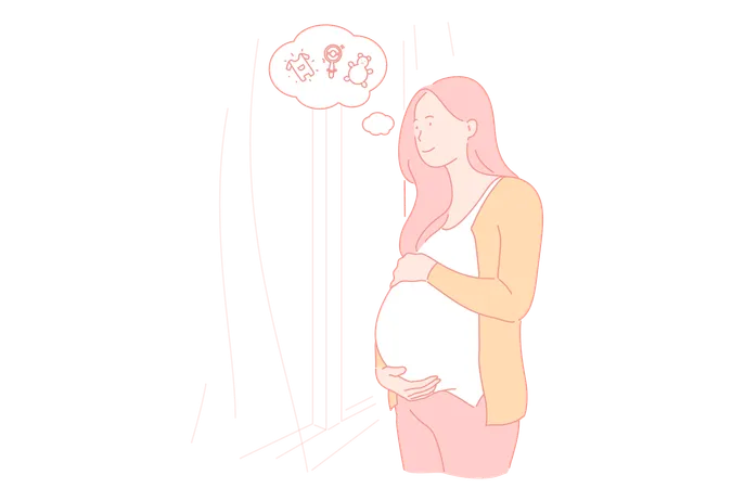 Pregnancy Childbearing Female Body Condition Expecting Baby Concept Young Pregnant Woman Thinking About Childish Toys Dreaming Gravid Girl And Speech Bubble Babycare Simple Flat Vector Illustration