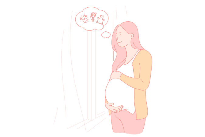 Young pregnant woman thinking about childish toys  Illustration