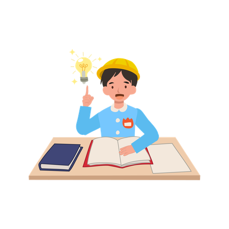 Young preschool boy in japanese uniform sitting at desk with inspiration concept for learning and creativity  Illustration