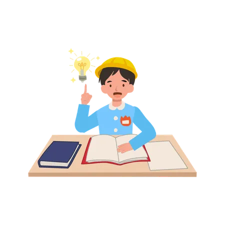 Young preschool boy in japanese uniform sitting at desk with inspiration concept for learning and creativity  Illustration