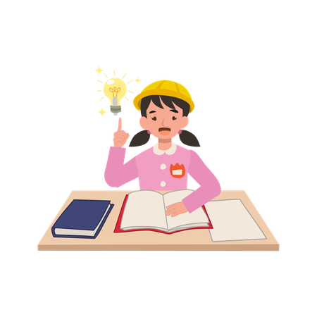 Young preschool girl in japanese uniform sitting at a desk with inspiration concept  Illustration