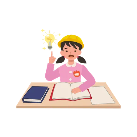 Young preschool girl in japanese uniform sitting at a desk with inspiration concept  Illustration