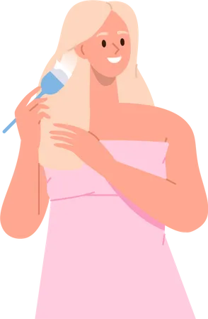 Young Pretty Smiling Woman Cartoon Character Coloring Dyeing Hair At Home By Herself Standing Isolated On White Adult Girl Applying Color Cream Using Dye Brush Beauty Procedure Vector Illustration Illustration