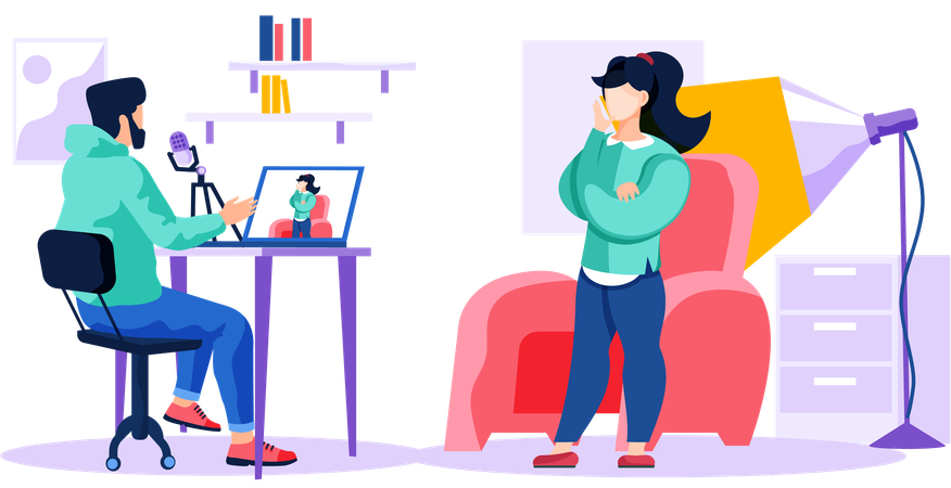 Young recording video while sitting at laptop and Girl standing near light lamp and waiting  Illustration