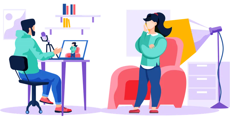 Young recording video while sitting at laptop and Girl standing near light lamp and waiting  Illustration