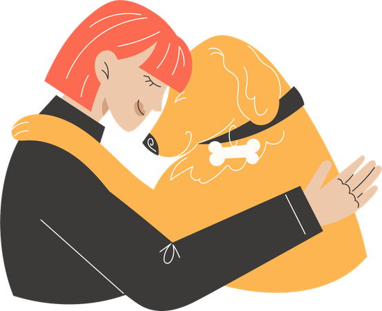 Young red-haired woman hugging Golden Retriever dog  Illustration