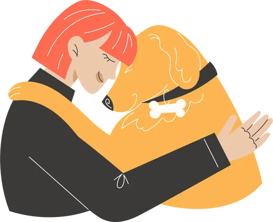 Young red-haired woman hugging Golden Retriever dog  Illustration