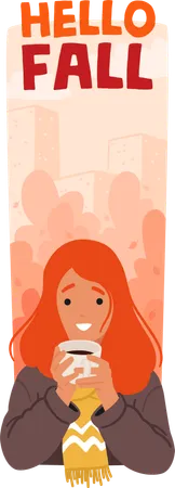 Young Redhead Woman Sips A Steaming Hot Drink Amid The Colorful Foliage Of Autumn Female Character Finding Warmth And Solace In The Crisp Golden Embrace Of The Season Cartoon People Vector Banner Illustration