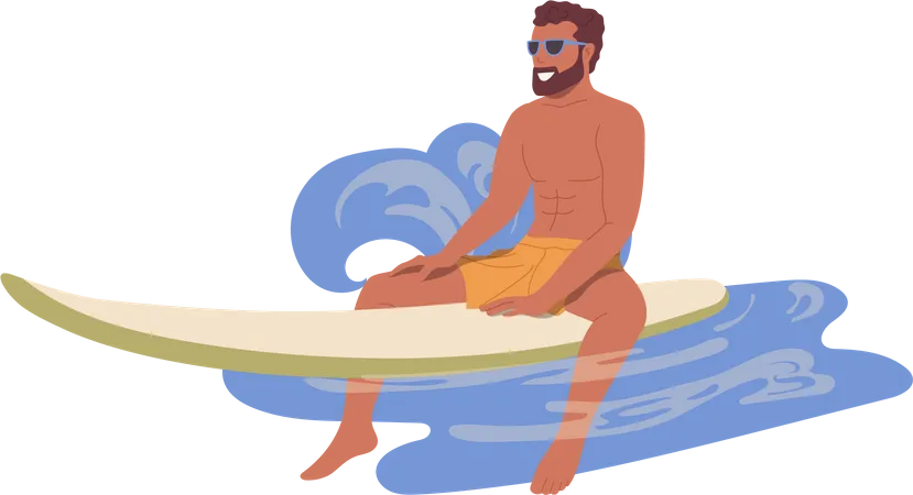 Young Relaxed Man Character Sitting On Surfboard Or Sup Board Floating In Sea Ocean Water Waiting For Wave And Resting Vector Illustration Isolated On White Background Summer Active Sport Vacation Illustration