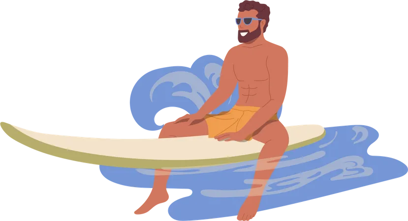 Young relaxed man sitting on surfboard  Illustration