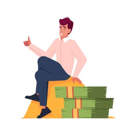 Happy Young Rich Businessman Character Sitting On Golden Coins Pile Near Stack Of Cash Showing Thumb Up Successful Business Development Strategy Financial Growth Cartoon People Vector Illustration Illustration