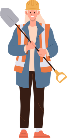 Young road worker in overalls holding shovel  Illustration