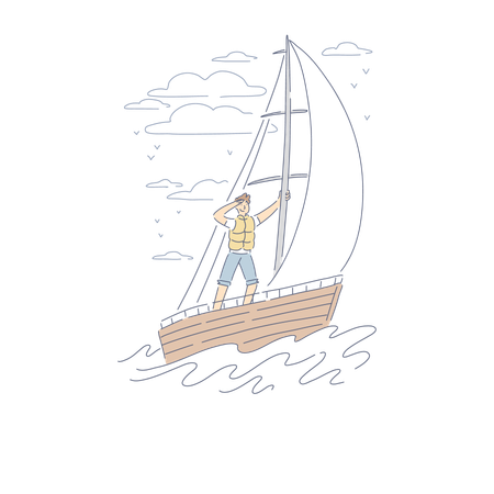 Young Sailor Pursuing Competitors In Sailboat Using Favourable Wind  Illustration