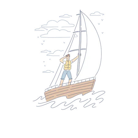 Regatta Yachting Competition Young Sailor Pursuing Competitors In Sailboat Using Favourable Wind Banner Romantic Luxury Summertime Activity Concept Cartoon Sketch Flat Vector Illustration Illustration