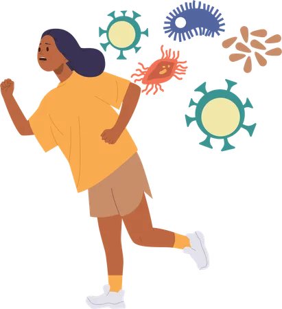 Young scared woman in fear running away from bacterial  Illustration