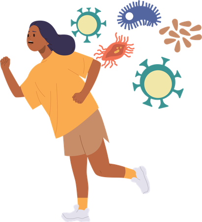 Young scared woman in fear running away from bacterial  Illustration