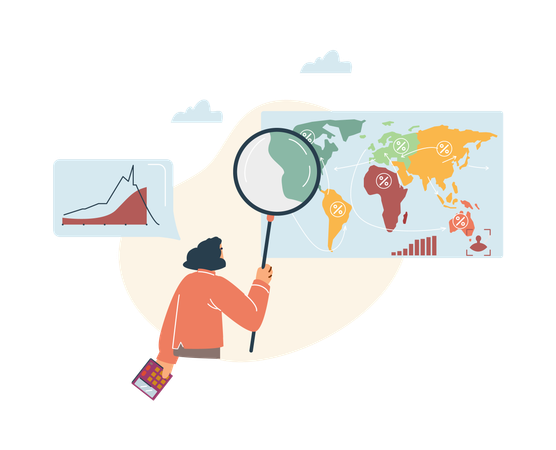 Young scientist analyzes world map with statistical data on demograph  Illustration