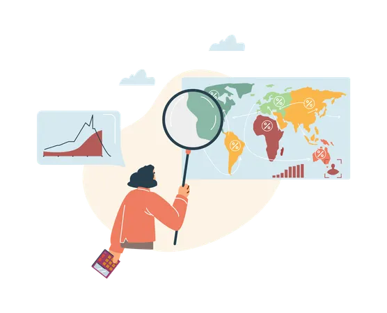 Young scientist analyzes world map with statistical data on demograph  Illustration