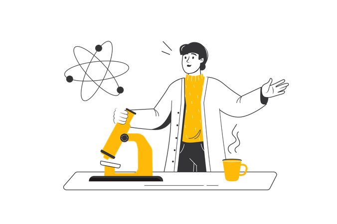 Young scientist learns to work with microscope.  Illustration