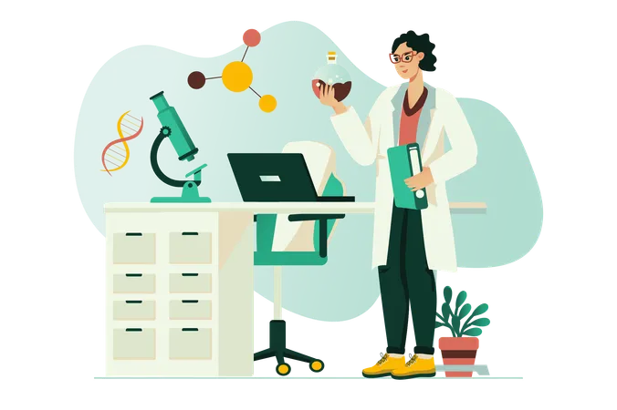 Young scientist performs chemical experiments in laboratory  Illustration