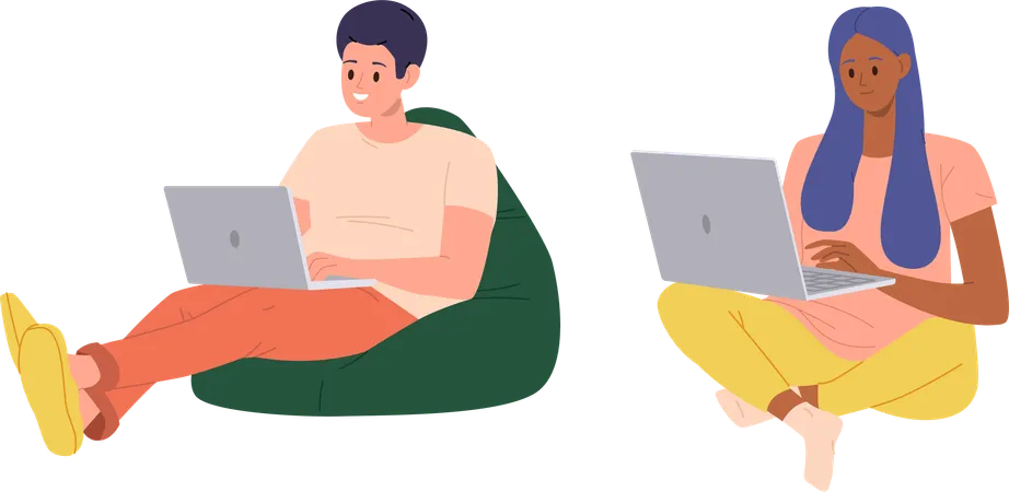 Young Self Employed Man And Woman Freelancer Cartoon Characters Working Through Internet On Laptop Computer From Home Sitting On Comfortable Soft Chair And Floor Vector Illustration Freelance Concept Illustration
