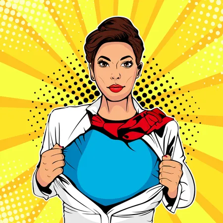 Young sexy woman dressed in white jacket shows superhero t-shirt  Illustration