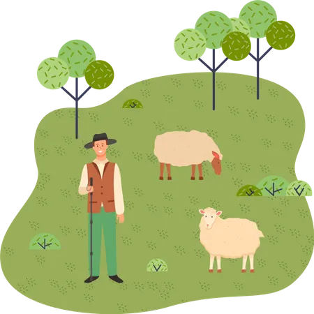 Young Shepherd With A Stick And Sheep In A Green Park Graze The Sheep Livestock Green Spaces Lush Grass And Young Trees Vegetation Flora And Fauna City Park Flat Vector Illustration Illustration