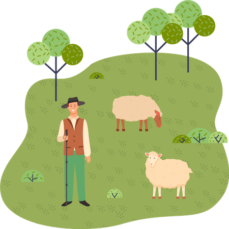 Young shepherd grazes sheep in a park  Illustration